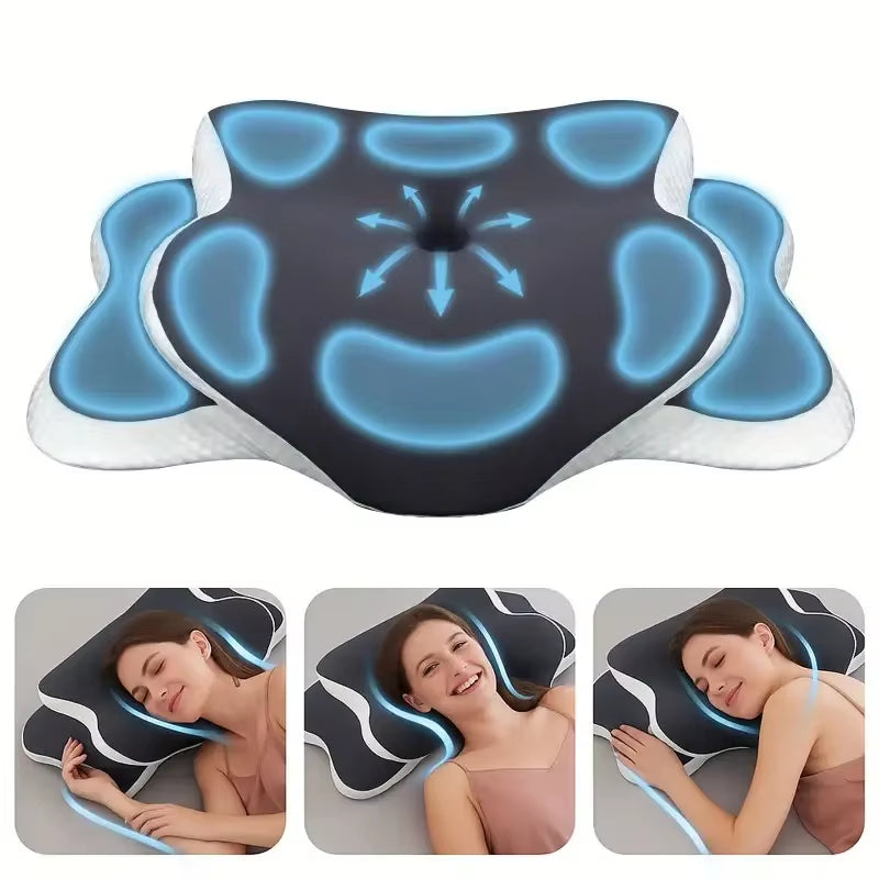 Ergonomic Memory Foam Butterfly Neck Pillow, C-Shaped/Adjustable Dual Height, Transparent Cover Support - Side/Supine/Pillow Sle