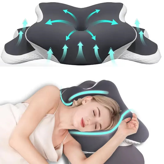 Ergonomic Memory Foam Butterfly Neck Pillow, C-Shaped/Adjustable Dual Height, Transparent Cover Support - Side/Supine/Pillow Sle